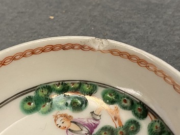 Six soucoupes et cinq tasses en porcelaine de Chine famille rose, Kangxi et apr&egrave;s